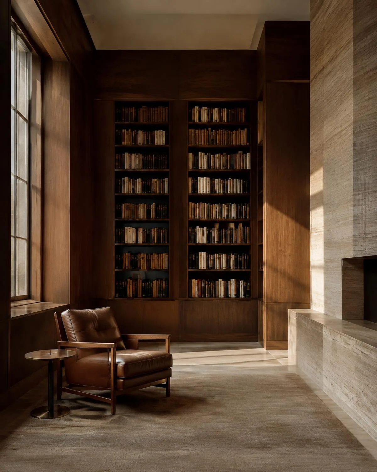 Bibliothèque privée en noyer et travertin